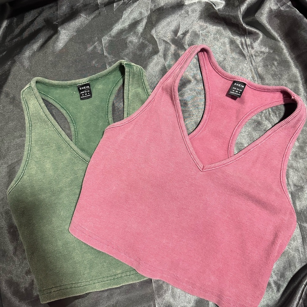 SHEIN Pink and Green Racerback Crop Tops